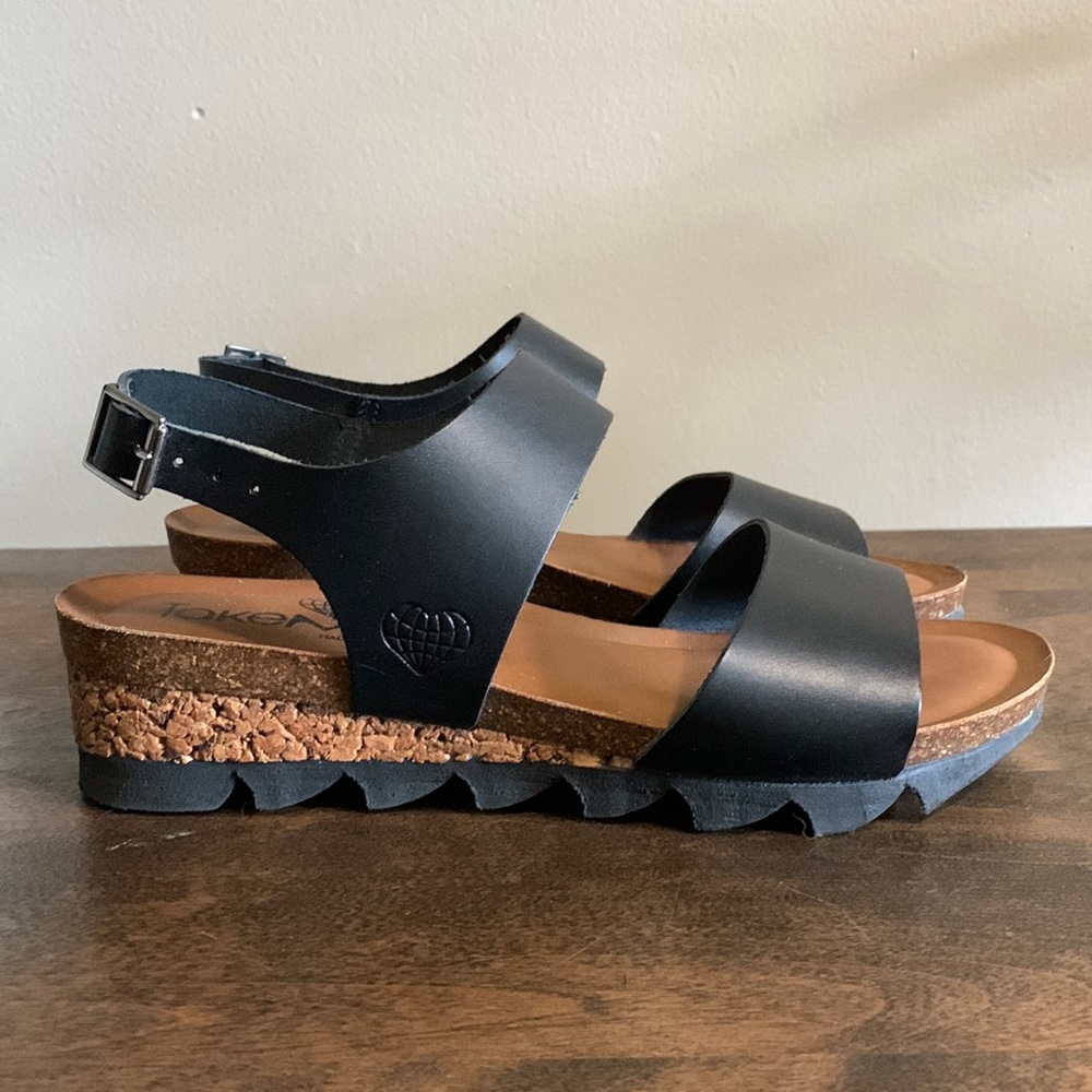Lug style black leather sandals